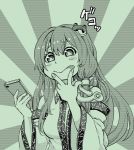  :p bangs blush closed_mouth commentary_request detached_sleeves eyebrows_visible_through_hair frog_hair_ornament green hair_ornament hair_tubes hand_up highres holding holding_phone kochiya_sanae long_hair long_sleeves monochrome natsushiro phone sidelocks snake_hair_ornament solo tongue tongue_out touhou upper_body wide_sleeves 