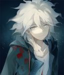  1boy blood bloody_clothes closed_mouth collarbone commentary_request danganronpa dark_background dhiea dots eyebrows_visible_through_hair green_eyes green_hoodie green_jacket hood hoodie jacket komaeda_nagito looking_to_the_side medium_hair multicolored open_eyes shirt simple_background smile solo super_danganronpa_2 white_hair white_shirt 