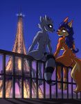  2018 anthro bassywolfeh breasts butt canine carmelita_fox city detailed_background digital_media_(artwork) duo eiffel_tower feet female fox hair half-closed_eyes happy lipstick makeup male male/female mammal night nude outside paris procyonid raccoon rear_view romantic romantic_couple signature sitting sitting_on_rail sky sly_cooper sly_cooper_(series) smile stare video_games 