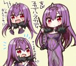  :d bangs blush breasts chibi cleavage closed_mouth commentary diagonal-striped_background diagonal_stripes dress eyebrows_visible_through_hair fate/grand_order fate_(series) fur-trimmed_dress fur_trim hair_between_eyes hand_up hands_up holding holding_wand jako_(jakoo21) long_hair long_sleeves medium_breasts multiple_views nose_blush notice_lines open_mouth pointing purple_dress purple_hair red_eyes scathach_(fate)_(all) scathach_skadi_(fate/grand_order) smile standing striped striped_background sweat tiara translation_request v-shaped_eyebrows very_long_hair wand wavy_mouth wide_sleeves 