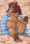  2018 4_toes anthro anus beach big_butt bikini blush breast_squish breasts brown_fur brown_hair bunihud butt canine carla_(ok_k.o.!_lbh) cartoon_network claws clothed clothing dog eyelashes feet female fur hair long_hair looking_at_viewer looking_back lying mammal ok_k.o.!_let&#039;s_be_heroes on_front open_mouth outside pinup pose pussy rear_view sand seaside skimpy sling_bikini smile solo sweat swimsuit teeth thick_thighs toe_claws toes tongue 