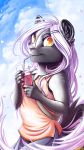  2018 5_fingers anthro beverage black_fur clothed clothing conditional_dnp day digital_media_(artwork) ear_piercing eyelashes faraden female fur hair holding_object inner_ear_fluff looking_at_viewer mammal outside piercing ratte skunk sky smile solo standing veran_(ratte) white_hair yellow_eyes 