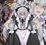  alternate_costume belt collarbone commentary deathalice ear_piercing english explosion girls_frontline gloves goggles goggles_on_head grey_hair gun long_hair looking_at_viewer machine_gun maid maid_headdress messy_hair open_mouth piercing shaded_face torn_clothes weapon yellow_eyes 
