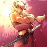  2018 anthro anthrofied applejack_(mlp) big_breasts blonde_hair breasts chest_tuft cleavage clothed clothing digital_media_(artwork) earth_pony equine eye_scar female friendship_is_magic green_eyes hair hi_res horse huge_breasts katana long_hair looking_at_viewer mammal marik_azemus34 melee_weapon my_little_pony pony scar smile solo sword tuft weapon 
