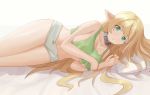  absurdres blonde_hair breasts chaji_h collar elf eyebrows_visible_through_hair green_eyes highres isekai_maou_to_shoukan_shoujo_dorei_majutsu large_breasts long_hair looking_at_viewer lying metal_collar navel on_side pillow pointy_ears shera_l_greenwood sideboob solo thighs 