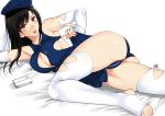  armpits ass bare_shoulders black_hair blush breasts cleavage covered_nipples elbow_gloves gloves hat highres long_hair looking_at_viewer lying on_side original red_eyes smile solo stirrup_legwear thighhighs toeless_legwear tongue tongue_out white_gloves white_legwear xtermination 