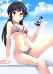  bikini black_hair blue_sky brown_eyes can cloud day feet_out_of_frame highres idolmaster idolmaster_cinderella_girls idolmaster_cinderella_girls_starlight_stage long_hair looking_at_viewer low_twintails nakano_yuka pocari_sweat sitting sky smile soda_can solo striped striped_bikini swimsuit twintails z.nov 