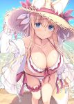  animal_ear_fluff animal_ears beach bikini blonde_hair blue_eyes blush breasts day ears_through_headwear fox_ears fox_tail front-tie_top hair_ribbon hat hat_ribbon jacket konoha_(nozomi_tsubame) large_breasts leaning_forward leg_garter long_hair looking_at_viewer nozomi_tsubame open_clothes open_jacket original purple_bikini ribbon smile solo straw_hat sun_hat swimsuit tail 