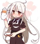 blush brown_eyes commentary_request crescent crescent_moon_pin cup ears_visible_through_hair eyebrows_visible_through_hair kantai_collection kikuzuki_(kantai_collection) long_hair looking_at_viewer open_mouth simple_background solo teacup teapot upper_body v-shaped_eyebrows white_background white_hair yoru_nai 