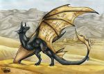  2018 ambiguous_gender black_fur claws day detailed_background dragon fur hieroglyphics horn membranous_wings natoli outside standing traditional_media_(artwork) wings wyvern 