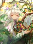  apple closed_eyes copyright_name facing_viewer flower food fruit hair_flower hair_ornament holding holding_instrument instrument kerberos_blade long_hair long_sleeves official_art plant pointy_ears smile solo tengu_style twintails upper_body very_long_hair white_hair 