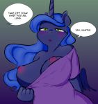  2017 anthro big_breasts blue_feathers blue_hair blush breasts clothed clothing color_edit colored dialogue edit english_text equine feathered_wings feathers female friendship_is_magic glacierclear gradient_background hair half-closed_eyes hi_res horn huge_breasts hypnosis long_hair mammal mind_control my_little_pony one_breast_out princess_luna_(mlp) simple_background solo speech_bubble text undressing winged_unicorn wings 