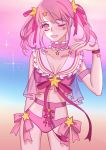  1girl alternate_costume alternate_hair_color alternate_hairstyle bikini breasts choker cleavage jewelry league_of_legends looking_at_viewer luxanna_crownguard magical_girl pink_eyes pink_hair sailor_collar solo star star_guardian_lux swimsuit tiara wink 