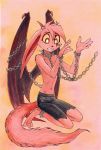  big_ears chain clothed clothing collar demon fur hindpaw horn male membranous_wings nekoart paws pink_fur shorts solo spiked_collar spikes tattoo topless wings 