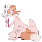  2018 animal_humanoid big_breasts breasts brown_hair butt colored_nails digital_media_(artwork) eyeshadow female filename:5 fox_humanoid hair holding_object humanoid looking_at_viewer looking_back makeup mask netsuki_gao nude rear_view sagging_breasts short_hair simple_background sitting slb smile solo white_background wide_hips 