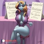  2018 anthro anthrofied big_breasts breasts cleavage clothed clothing crossed_legs digital_media_(artwork) english_text equine female friendship_is_magic hair horn huge_breasts kevinsano long_hair mammal multicolored_hair my_little_pony nipple_bulge open_mouth patreon sassy_saddles_(mlp) signature sitting solo text two_tone_hair unicorn url voluptuous wide_hips 