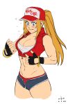  1girl blonde_hair blue_eyes blush breasts cleavage crop_top fatal_fury genderswap highres large_breasts midriff navel snk snk_heroines:_tag_team_frenzy solo terry_bogard the_king_of_fighters unzipped 