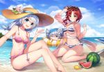  :3 bangs beach benghuai_xueyuan bikini blue_eyes blue_sky breasts bronya_zaychik cloud day eyebrows_visible_through_hair eyewear_on_head flower food fruit hat hat_flower highres honkai_impact innertube large_breasts long_hair looking_at_viewer medium_breasts melon multiple_girls murata_himeko navel ocean open_mouth outdoors pink_bikini red_hair sand see-through silver_hair sitting sky smile striped striped_bikini sun_hat sunglasses swimsuit theresa_apocalypse xingxiang_senlin yellow_eyes 