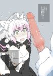  animal_genitalia animal_humanoid animal_penis anthro atalanta_(fate) atalanta_alter balls big_breasts blush breasts clothing collar duo edit erection fate/grand_order fate_(series) female fluffy_ears fur hair humanoid inner_ear_fluff japanese_text kemono knot male mosouko multicolored_hair open_mouth penis simple_background text two_tone_hair uncensored vein veiny_penis white_fur 