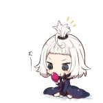  :t @_@ beni_shake black_dress blue_jacket chibi closed_mouth commentary_request dress fate/grand_order fate_(series) fur-trimmed_jacket fur-trimmed_sleeves fur_trim hand_mirror holding_mirror jacket jeanne_d'arc_(alter)_(fate) jeanne_d'arc_(fate)_(all) long_sleeves mirror notice_lines open_clothes open_jacket pout short_hair silver_hair solo topknot translation_request wavy_mouth white_background wicked_dragon_witch_ver._shinjuku_1999 