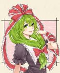  bangs blush bow commentary_request front_ponytail green_eyes green_hair hair_between_eyes hair_bow hand_up highres kagiyama_hina long_hair looking_at_viewer natsushiro open_mouth puffy_short_sleeves puffy_sleeves red_bow short_sleeves smile solo touhou upper_body 