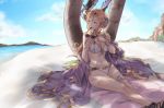  arm_support beach beach_towel bikini blonde_hair blue_sky braid breasts cleavage cloud commentary eyewear_removed french_braid granblue_fantasy groin highres holding holding_eyewear limitless_skye long_hair mouth_hold navel ocean palm_tree sand sky solo song_(granblue_fantasy) swimsuit towel tree white_bikini 