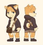  2018 4_fingers anthro biped black_nose blue_eyes candy canine child clothed clothing cub dog food footwear front_view fur furgonomics half-closed_eyes head_tuft hoodie lollipop male mammal messenger_bag model_sheet multiple_angles percy_howl rear_view shiba_inu shibubaman shirt shoes shorts simple_background smile solo standing white_background young 