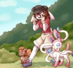  2018 4_fingers alasou anthro blue_eyes breasts brown_hair clothed clothing day detailed_background eeveelution female feral group hair lagomorph mammal nintendo no_sclera outside pok&eacute;mon pok&eacute;mon_(species) rabbit standing sylveon video_games vulpix yellow_eyes 