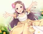  :d aoba_kokona blush braid brown_hair dress flower hair_ornament honda_naoki long_hair open_mouth outdoors outstretched_arms petals pink_eyes smile standing yama_no_susume 