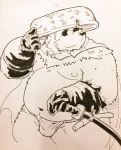  2018 anthro belly bulge canine clothing hat leaf male mammal melee_weapon moobs navel nipples overweight overweight_male solo suishou0602 sword tanuki underwear weapon 