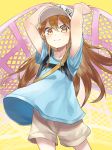  arms_up blue_shirt blush brown_eyes brown_hair collarbone flat_cap hat hataraku_saibou highres long_hair looking_at_viewer platelet_(hataraku_saibou) rice_(okome_no_naru_ki) shirt shorts smile solo wind wind_lift 