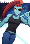  anthro bare_shoulders blue_skin clothed clothing eye_patch eyewear female fish frown hair jeans jioxsae long_hair marine muscular muscular_female pants red_hair shirt tank_top undertale undyne video_games yellow_eyes 