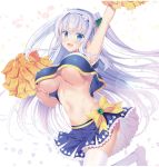  arm_up armpits bad_id bad_twitter_id blue_eyes blue_skirt bow breasts cheerleader cowboy_shot flower flower_knight_girl hair_flower hair_ornament hairband kinutasou_(flower_knight_girl) large_breasts long_hair midriff naruse_mamoru navel pom_poms simple_background skirt smile solo thighhighs two_side_up underboob white_background white_hair white_legwear yellow_bow zettai_ryouiki 
