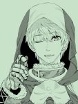  absurdres arthur_pendragon_(fate) bangs commentary_request eyebrows_visible_through_hair fate/grand_order fate_(series) green green_background hair_between_eyes hand_up highres hood hood_up looking_at_viewer male_focus monochrome natsushiro one_eye_closed open_mouth portrait simple_background solo 