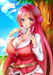  ao_(ao_10bx) bag blush breasts cleavage cloud day flower flower_knight_girl geranium_(flower_knight_girl) hair_flower hair_ornament half_updo huge_breasts long_hair looking_at_viewer outdoors red_hair shirt sky smile solo sweat tree upper_body white_shirt yellow_eyes 