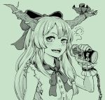  absurdres bangs blush bow can chain commentary_request fangs green green_background hair_bow highres holding holding_can horn_bow horns ibuki_suika long_hair looking_at_viewer monochrome natsushiro open_mouth sidelocks solo touhou upper_body 
