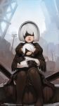  black_blindfold black_dress blindfold boots character_doll dress facing_viewer feather-trimmed_sleeves hairband highres juliet_sleeves lips long_sleeves nier_(series) nier_automata paintrfiend patreon_username puffy_sleeves short_hair sitting smile solo thigh_boots thighhighs thighhighs_under_boots watermark web_address white_hair yorha_no._2_type_b yorha_no._9_type_s 