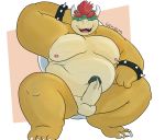  2018 balls belly bowser bowser_day crouching erection gendomx half-closed_eyes koopa male mario_bros moobs nintendo nude overweight penis precum scalie simple_background smile solo video_games 