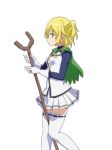  alternate_costume blonde_hair capelet cato_(monocatienus) commentary_request cosplay gloves green_capelet green_eyes jewelry knees_together_feet_apart mare_bello_fiore mare_bello_fiore_(cosplay) mizuhashi_parsee overlord_(maruyama) pleated_skirt profile ribbon-trimmed_legwear ribbon_trim ring short_ponytail simple_background skirt solo staff thighhighs touhou white_background white_gloves white_legwear white_skirt zettai_ryouiki 