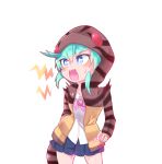  adapted_costume angry blue_eyes blue_hair bow bowtie collared_shirt commentary_request cowboy_shot eyebrows_visible_through_hair highres hood hoodie kemono_friends long_sleeves pleated_skirt school_uniform shirt short_hair skirt snake_tail solo striped sweatdrop tail tsuchinoko_(kemono_friends) user_sumj4734 