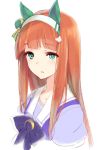  animal_ears bangs blush commentary_request ear_covers eyebrows_visible_through_hair green_eyes hairband horse_ears horse_girl kawata_hisashi long_hair open_mouth orange_hair school_uniform silence_suzuka simple_background solo umamusume upper_body white_background 