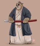  2018 anthro bear blush brown_fur clothed clothing fur kamui_shirow male mammal melee_weapon overweight overweight_male simple_background solo sword weapon 