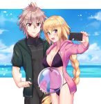  1boy 1girl :d ahoge bikini blonde_hair braid breasts brown_eyes cellphone cleavage commentary_request fate/apocrypha fate/grand_order fate_(series) grey_hair highres hood hood_down hoodie jacket jeanne_d&#039;arc_(fate) jeanne_d&#039;arc_(fate)_(all) large_breasts long_braid long_hair looking_at_viewer nyorotono ocean open_clothes open_hoodie open_mouth phone purple_bikini purple_eyes purple_hoodie self_shot sieg_(fate/apocrypha) single_braid smartphone smile swimsuit very_long_hair wetsuit 