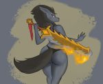  2018 anthro blizzard_entertainment butt canine clothed clothing digital_media_(artwork) female fur grey_fur hair holding_object holding_weapon lf looking_at_viewer looking_back mammal melee_weapon panties pose presenting presenting_hindquarters rear_view simple_background solo standing sword underwear video_games warcraft warswords_of_the_valarjar weapon were werewolf wolf worgen 