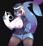  2018 areola big_breasts blueshark breasts clothed clothing digital_drawing_(artwork) digital_media_(artwork) female fish hair handcuffs marine nipples open_mouth red_eyes shackles shark 