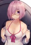  bare_shoulders black-framed_eyewear blush bow breasts cleavage collarbone commentary_request fate/grand_order fate_(series) front-tie_top glasses hair_over_one_eye highres large_breasts lavender_hair long_sleeves looking_at_viewer mash_kyrielight muryotaro pink_bow purple_eyes shield short_hair smile sweatdrop swimsuit swimsuit_of_perpetual_summer upper_body white_swimsuit 