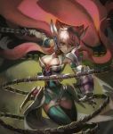  armor bad_id bad_tumblr_id breasts cleavage cleavage_cutout closed_mouth covered_navel gauntlets green_eyes hair_between_eyes headgear highres holding holding_sword holding_weapon large_breasts leotard long_hair maria_cadenzavna_eve pink_hair senki_zesshou_symphogear solo sword symphogear_pendant thighhighs visqi weapon whip_sword 