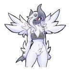  absol anthro black_nose bottomless breasts clothed clothing female fist front_view fur hair hair_over_eye nintendo pok&eacute;mon pok&eacute;mon_(species) portrait pubes pussy qualzar red_eyes simple_background solo standing three-quarter_portrait tube_top video_games white_background white_fur wings 