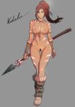  1girl areolae bodypaint boots breasts brown_hair character_name dark_skin green_eyes jewelry large_breasts league_of_legends long_hair looking_at_viewer midriff navel necklace nidalee nipples nude polearm ponytail pubic_hair pussy riot_games solo spear standing weapon 