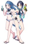  alternate_costume bangs bikini black_gloves blue_eyes blue_hair blush border bottle breasts commentary frilled_bikini_bottom full_body gloves gradient gradient_background gradient_hair green_eyes grin hair_bobbles hair_ornament hair_over_shoulder half_gloves hand_on_hip highres kantai_collection locked_arms long_hair low_twintails midriff multicolored_hair multiple_girls navel parted_bangs ramune samidare_(kantai_collection) sandal_removed sandals signature smile splashing suzukaze_(kantai_collection) swept_bangs swimsuit teeth tonami_kanji twintails very_long_hair water water_gun white_background white_bikini 